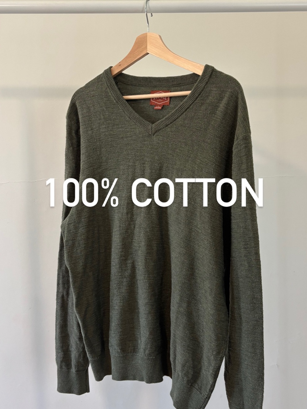 Men's Olive V-Neck Sweater | 100% Cotton | Size L
